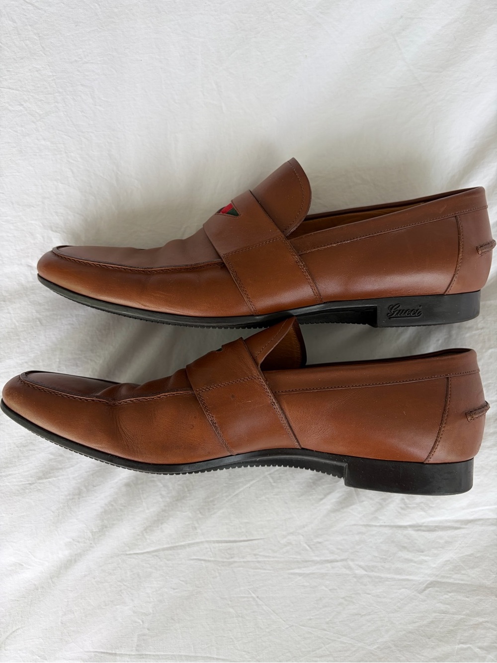 Gucci Brown Leather Slip-On Loafers with Red & Green Web Accent - Picture 4 of 9
